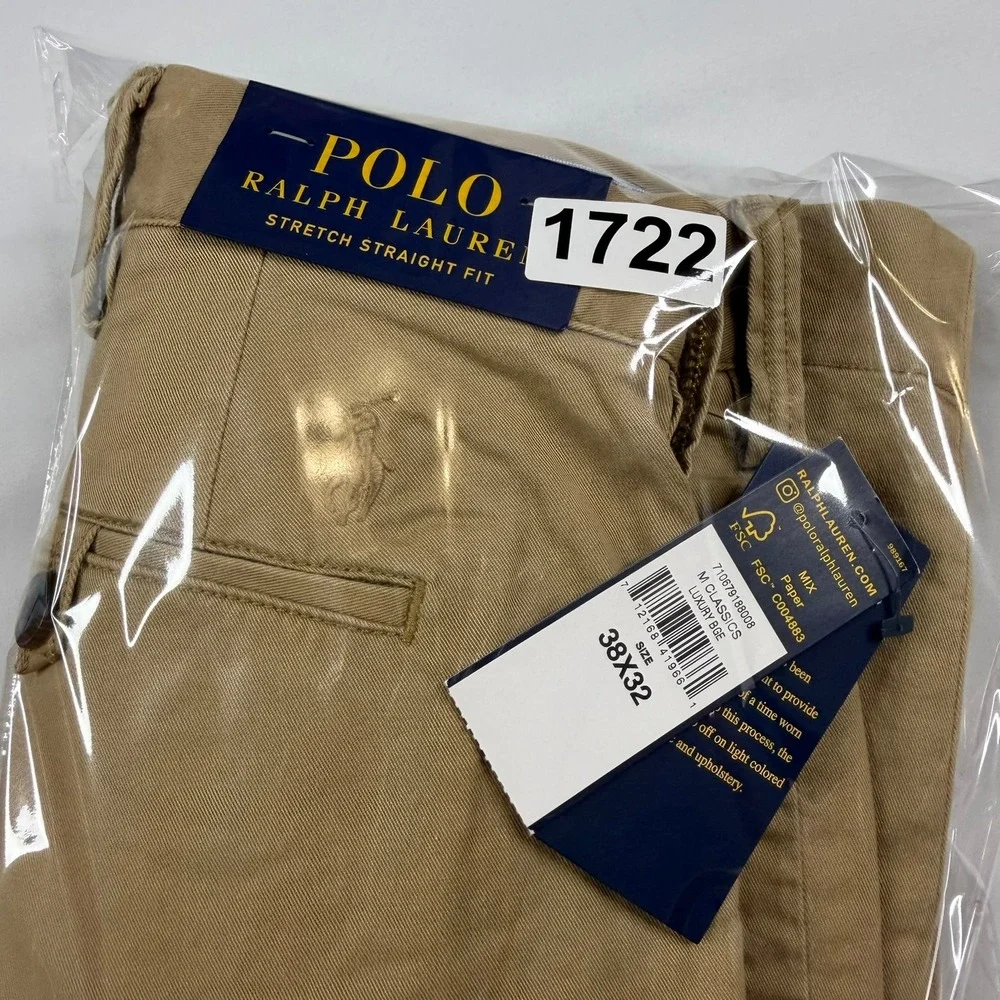 Polo Ralph Lauren Chino Pants Mens 38x32 Beige Stretch Straight Fit New